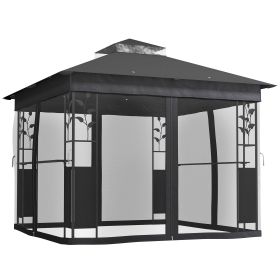 Outsunny 10' x 10' Outdoor Gazebo with Shelves and Netting, UV30+ Double Roof Patio Gazebo for Lawn, Backyard and Deck