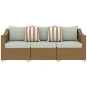 Outsunny Rattan Wicker 3 Seater Patio Couch with Cushions, 2 Throw Pillows, Outdoor Furniture Rattan Sofa, Light Gray