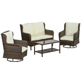 Outsunny 4pc Rattan Patio Set Outdoor Conversation with Swivel Rocking Chairs Cream