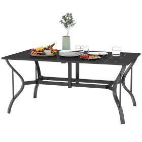 Outsunny Patio Table: Rectangular, Black, Umbrella Hole, Steel, Outdoor Dining for 6, Garden|