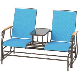 Outsunny Outdoor 2-Person Glider Bench, Outside Glider Swing Chair Loveseat with Table, Steel Frame, Blue