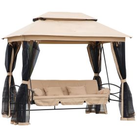 Outsunny 3 Person Patio Swing Chair, Gazebo Swing with Double Tier Canopy, Cushioned Seat, Mesh Sidewalls, Beige