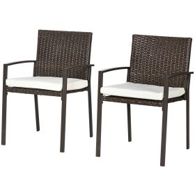 Outsunny Outdoor Dining Chair Set, PE Rattan, Cream White Cushions, Patio Wicker with Backrest