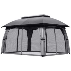 Outsunny 10x13 ft Patio Gazebo Canopy Shelter with Netting Vented Roof Outdoor Garden Dark Gray