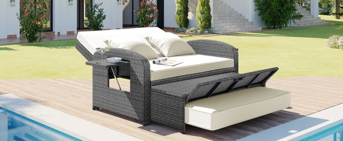 TOPMAX PE Wicker Rattan Double Chaise Lounge, 2-Person Reclining Daybed with Adjustable Back and Cushions, Free Furniture Protection Cover