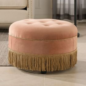 Yolanda 24" Round Upholstered Accent Ottoman, Peach Orange Velvet with Gold Trim