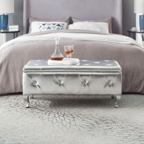 Upholstered Storage Ottoman Bench For Bedroom End Of Bed Faux Leather Rectangular Storage Benches Footrest With Crystal Buttons For Living Room E