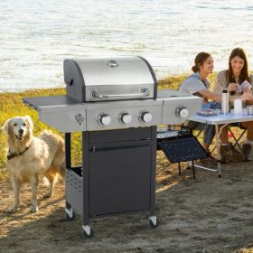Propane Grill 3 Burner Barbecue Grill Stainless Steel Gas Grill With Side Burner, 37,000 BTU Outdoor Cooking, Patio, Garden Barbecue Grill, Black (Color: Silver)