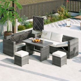 Outdoor 6-Piece All Weather PE Rattan Sofa Set; Garden Patio Wicker Sectional Furniture Set with Adjustable Seat; Storage Box; Removable Covers a (Color: Beige)