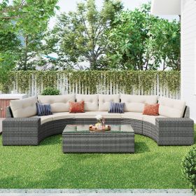 GO 8-pieces Outdoor Wicker Round Sofa Set, Half-Moon Sectional Sets All Weather, Curved Sofa Set With Rectangular Coffee Table (Color: as Pic)